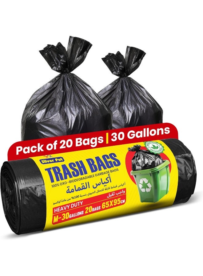 Silver Pot 30 Gallon Garbage Bags, Pack of 20 Medium Black Trash Bags, 65cm x 95cm, Extra Strong & Leak Proof Waste Bags for Home, Office & Outdoor Use - Image 1